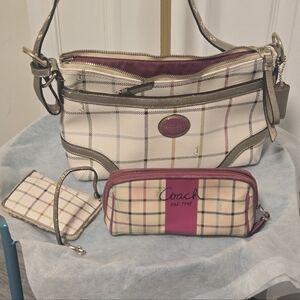 Coach Tattersal Plaid Bag Set - Cream and Burgundy